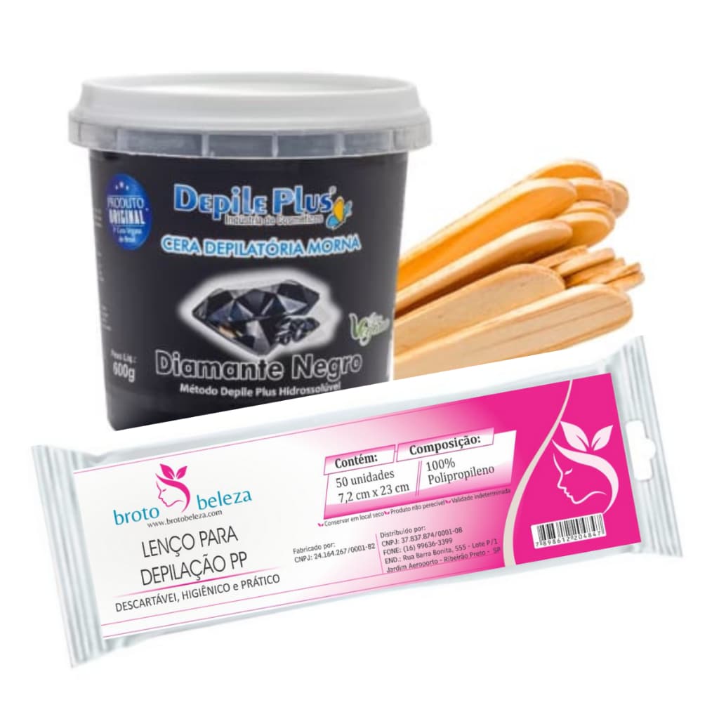 Kit Cera Morna Depile Plus Diamante NEGRO 600g + Espátula Larga 15un. + Papel Depilatório 50F.