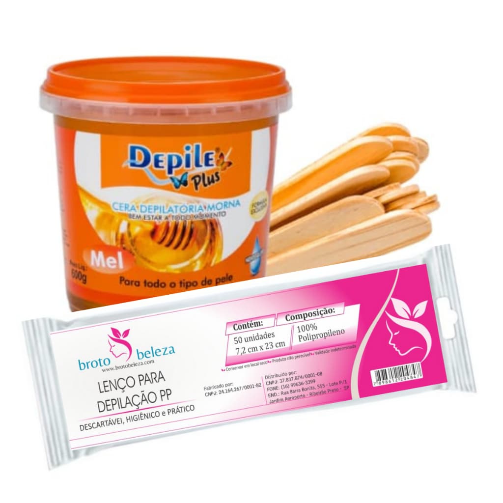 Kit Cera Morna Hidrossolúvel 600g MEL + Espátula Larga 8 unidades + Papel Depilatório 50F.