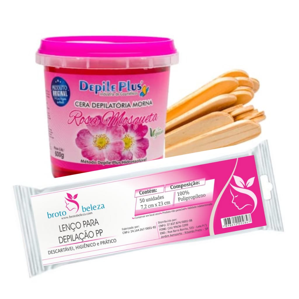 Kit Cera Morna Hidrossolúvel 600g ROSA MOSQUETA + Espátula Larga 10un. + Papel Depilatório 50 Folhas