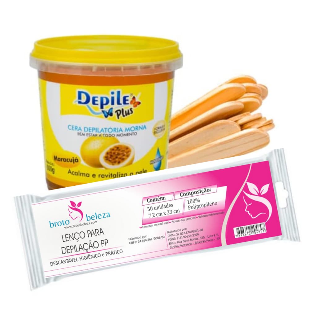 Kit Cera de Microondas Hidrossolúvel 600g MARACUJÁ + Espátula Larga 8 un. + Papel Depilatório 50F.