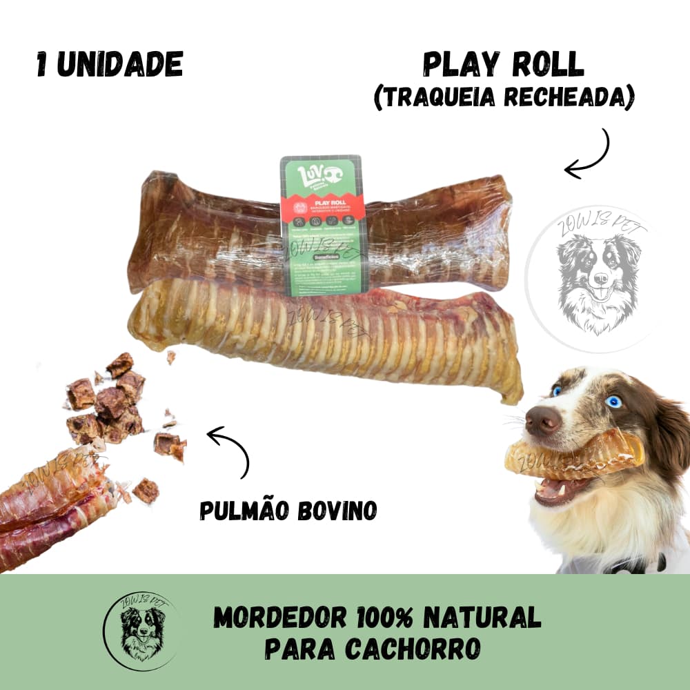 Play Roll Traqueia Recheada com Pulmão Bovino 1 unid Mordedor 100% Natural Cachorro - Luv Petiscos