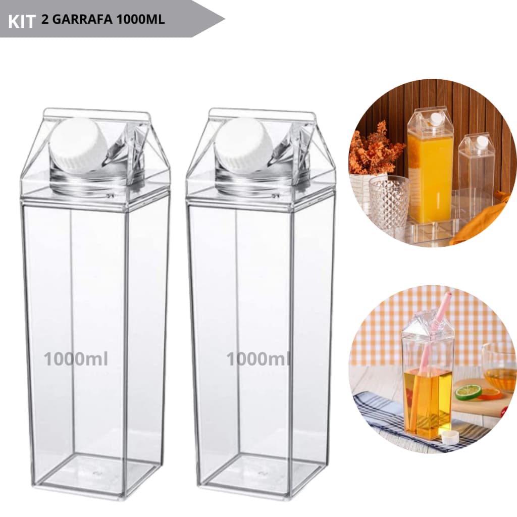 Kit 2 Garrafas Leite Suco Água Acrílico Transparente Organizador Geladeira Cozinha 1 Litro