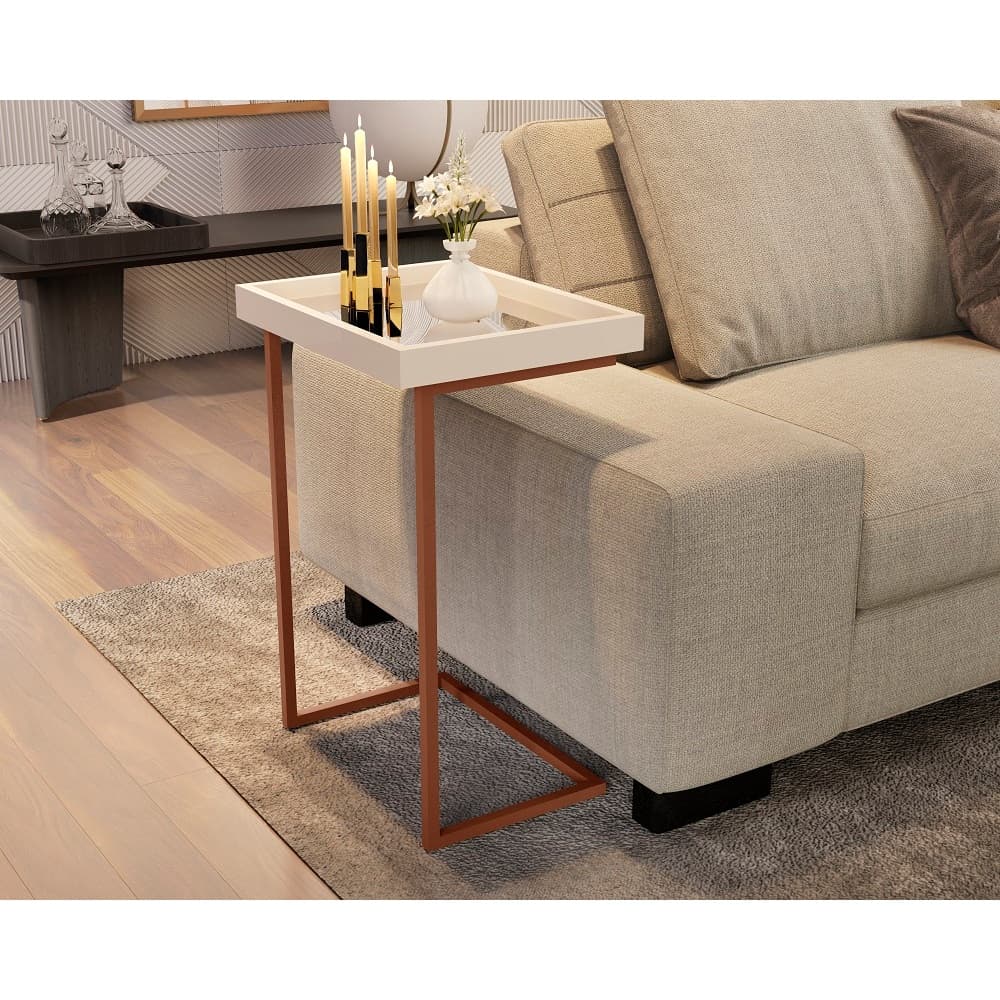 Mesa Lateral De Apoio Com Espelho E Pé De Aço Elegante OffWihte Perola
