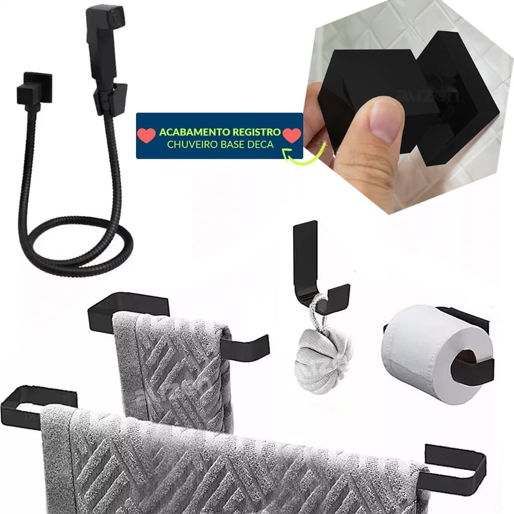 Kit Acessórios Banheiro Preto Ducha Higiênica Super Luxo Acabamento Registro Base Deca
