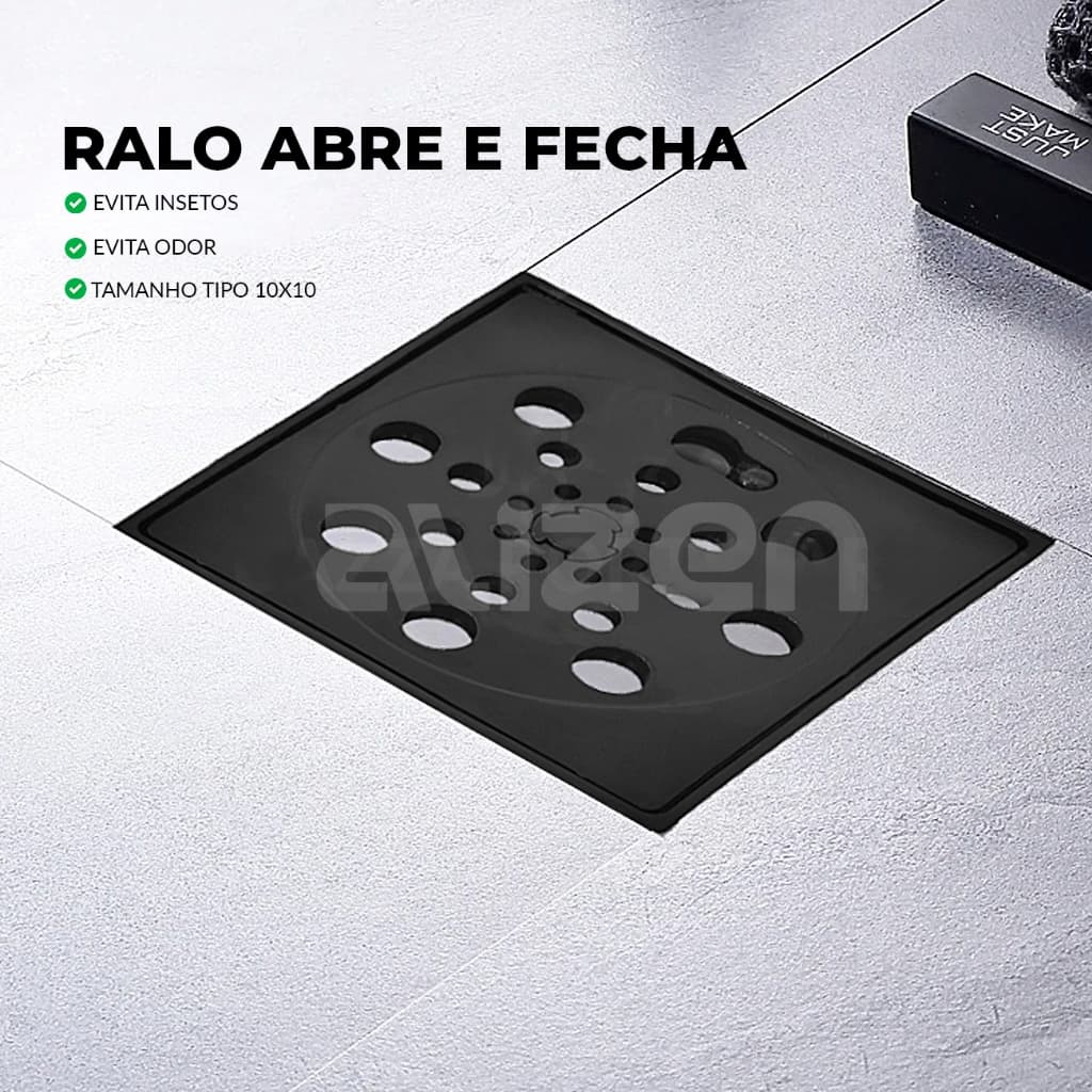 Ralo Banheiro Quadrado Abre e Fecha 10x10 Preto Evita Insetos e Odor