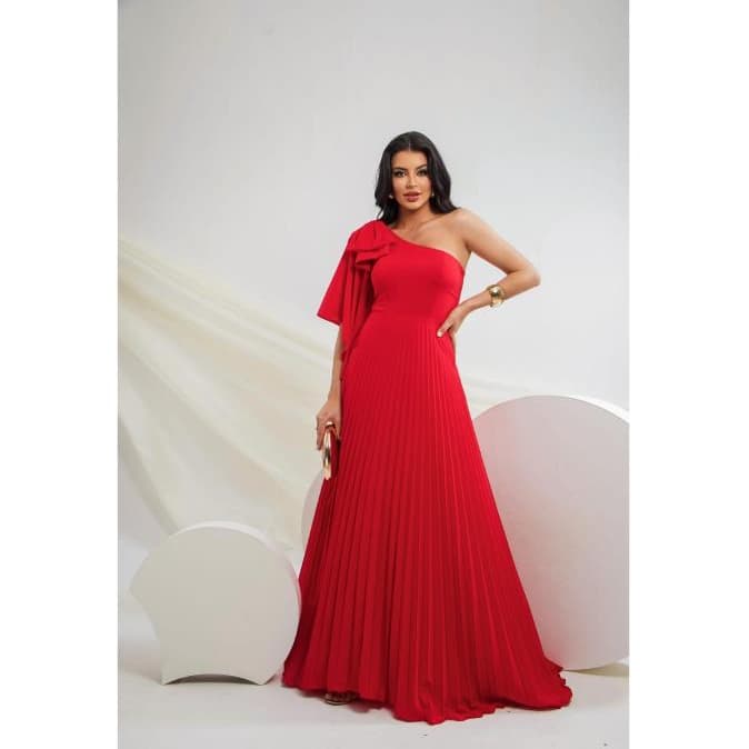 Vestido Longo Festa Ombro Só Manga e Laço Plissado Alfaiataria Casamento Formatura