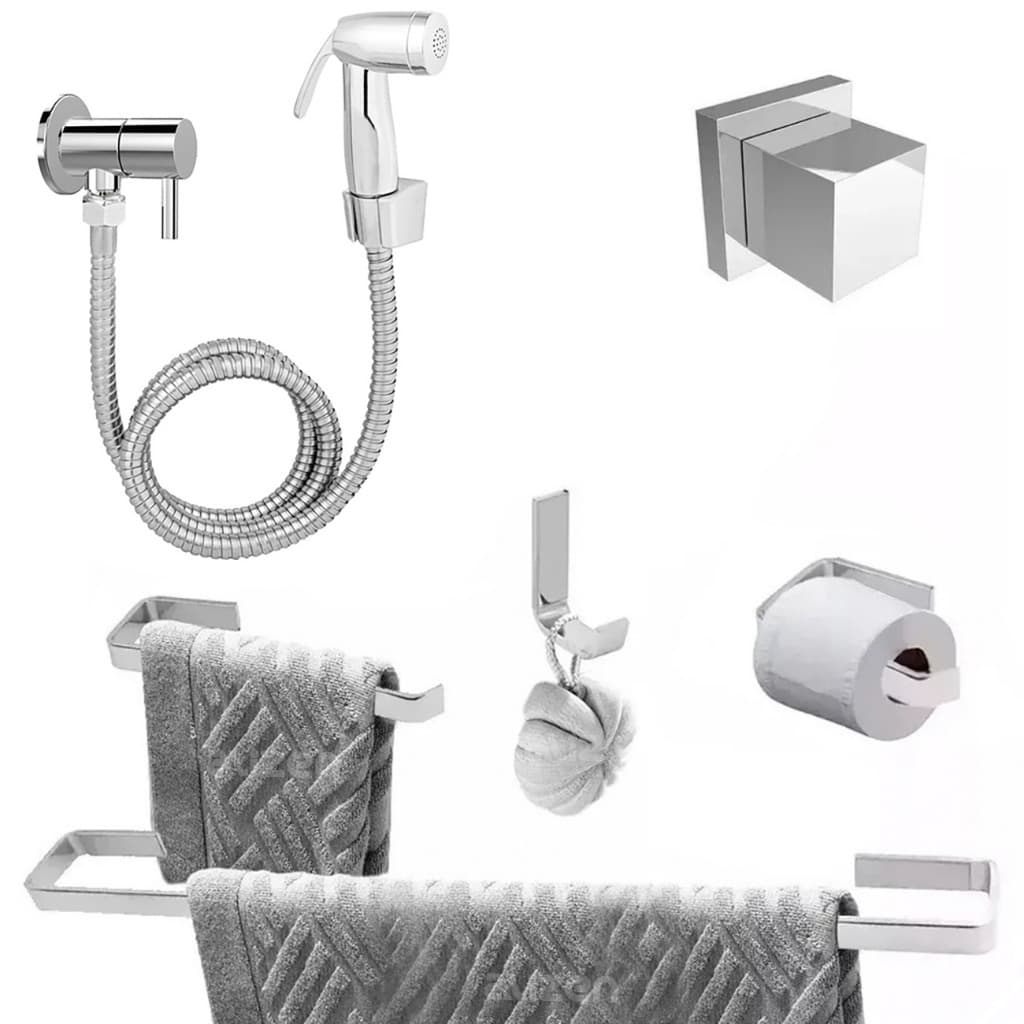 Kit Acessórios cromado para Banheiro Quadrado + 1 Ducha Higiênica POP Cromada