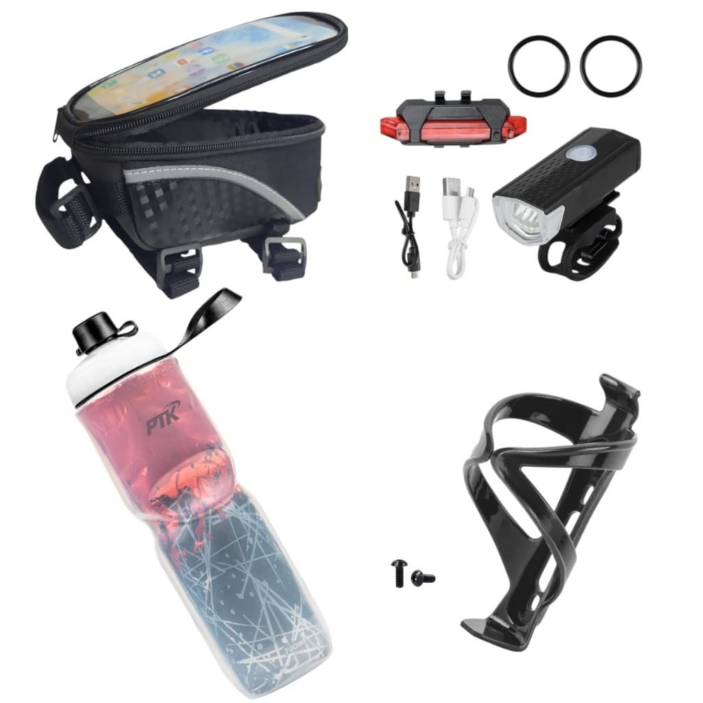 Garrafinha De Água + Suporte com parafusos+ Bolsinha Smart para bicicleta + Kit Farol