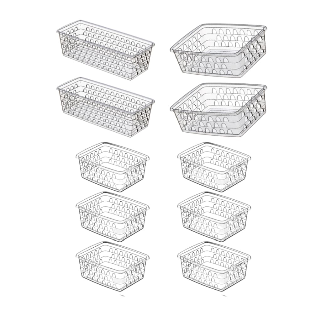 Kit 10 Cestos Organizadores 6P, 2M, 2Comprido Transparente Retangulares