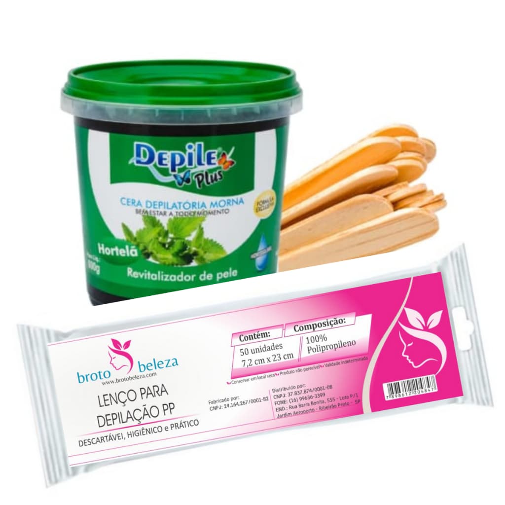 Kit Cera Morna Depile Plus HORTELÃ 600g + Espátula Larga 15un. + Papel Depilatório 50F.