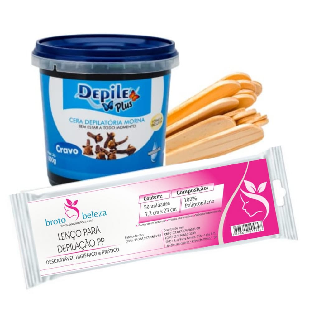 Kit Cera Morna Microondas Depile Plus CRAVO 600g + Espátula Larga 15un. + Papel Depilatório 50F.