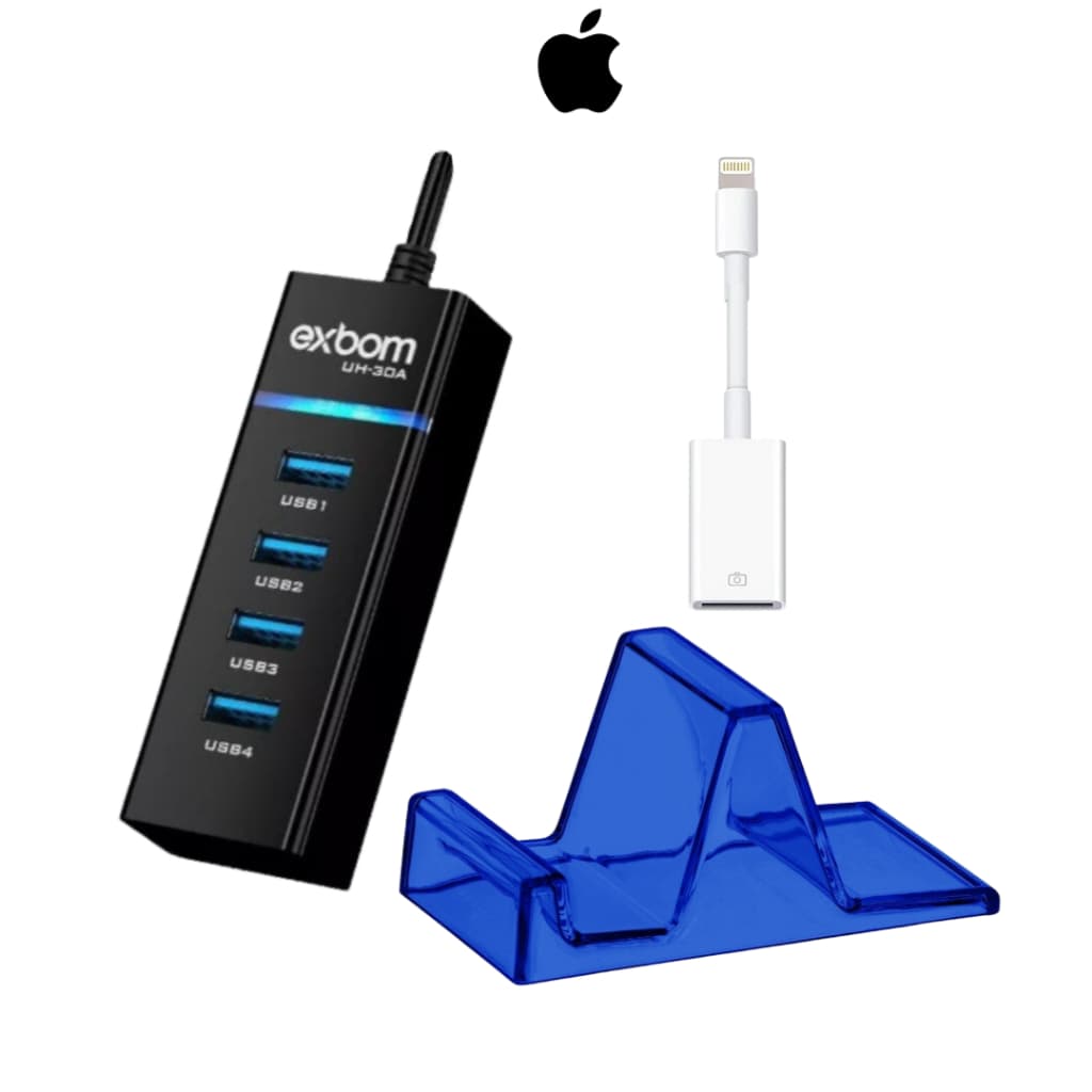 Hub 3.0 4 Portas + Cabo Otg Lightning p/ Iphone  + Suporte ajustável para cel. para Teclado e mouse