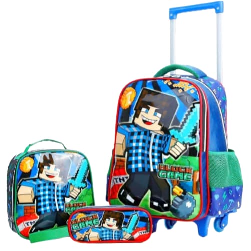 Kit Mochila Rodinha Infantil Menino Escolar Block Game 3 Pçs