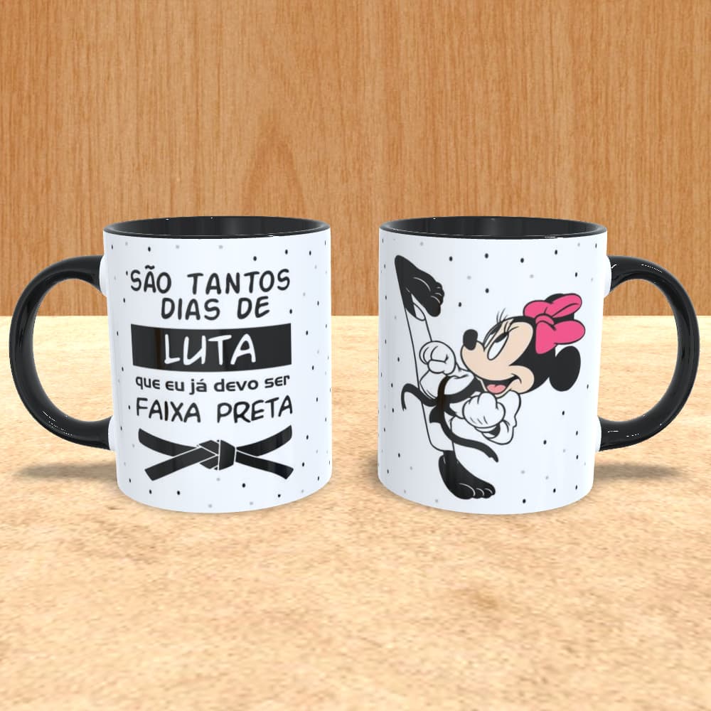 caneca branca ou preta minnie e mickey faixa preta jiu jitsu são tantos dias de luta que eu ja devo ser faixa preta