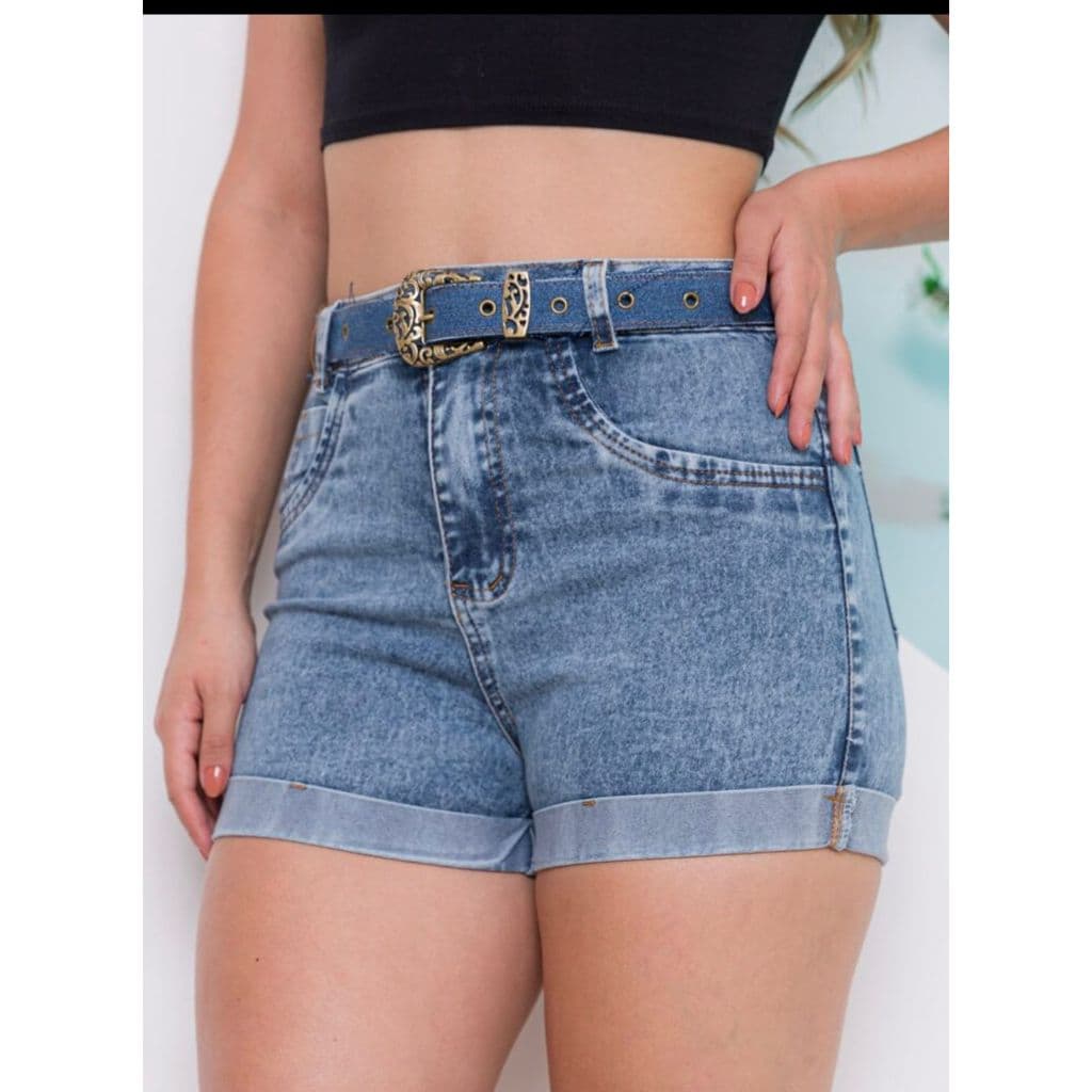 Shorts jeans feminino com cinto azul, tecido levemente，O tecido é elástico, fino e macio， Excelente qualidade