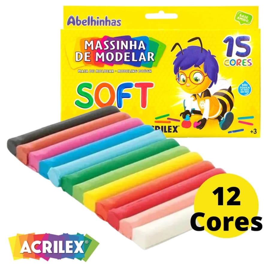 12 Cores Massinha De Modelar Acrilex Soft Abelinha Diversão