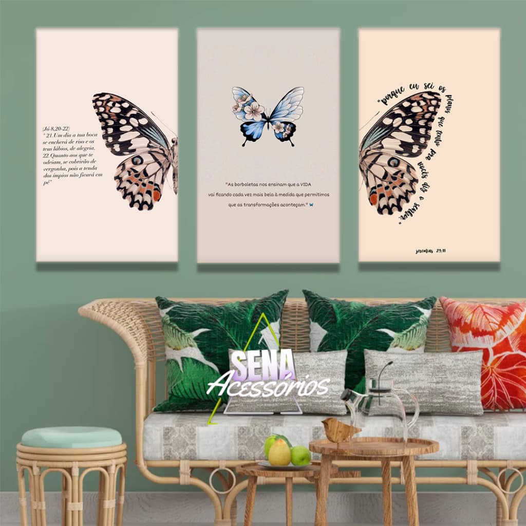Kit Quadros Decorativos Mosaico 3 Peças Oração Frase Antes de Tudo Fé Gratidão Borboleta Geométrico