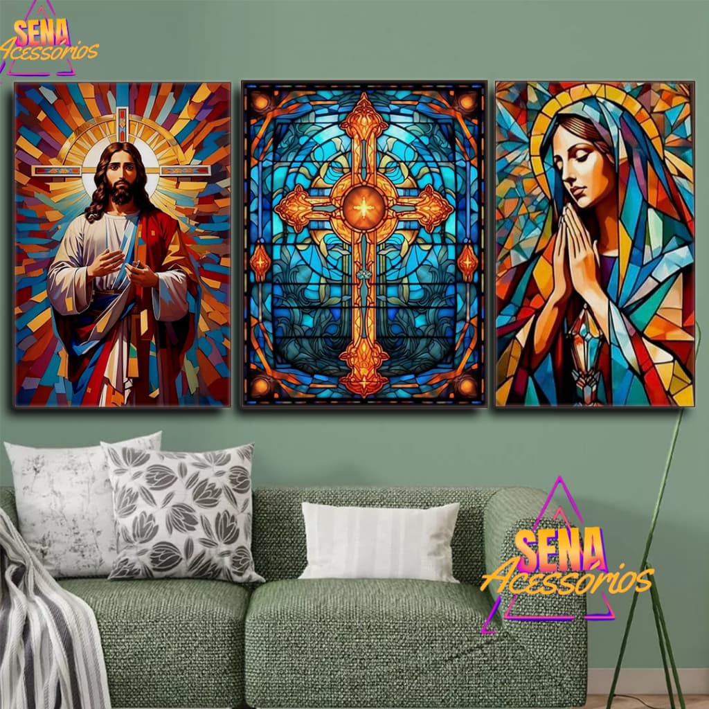 Quadro Decorativo Religioso Jesus Cristo Maria Cruz Sagrada Decoração Religiosa Sala Quarto