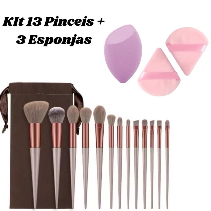 Kit 13 Pinceis mais 3 Esponjas de Base e Pó e Contornos, kit Maquiagem Esponja Gota e Veludo make completa