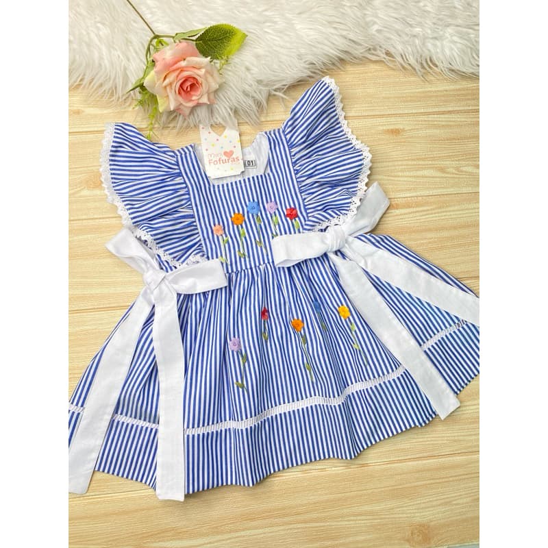 vestido melina infantil Listrado bordado a mão azul