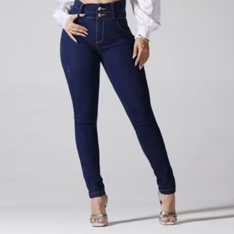 Calça Jeans Feminina Com Lycra - CALÇA JEANS CINTURA ELÁSTICA ALTA DUPLO BOTÃO - CALÇA JEANS FEMININA COM LEVANTA