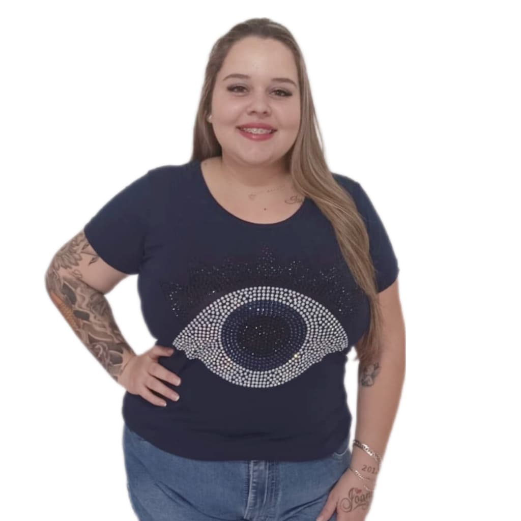 Blusa Feminina Plus Size Manga Curta Veste Tamanho 40 ao 64 Camiseta com Pedraria Olho Grego