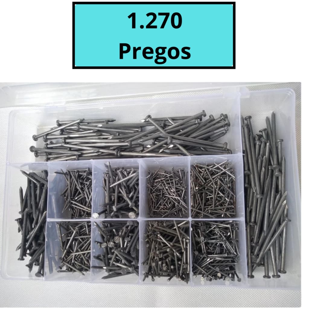Kit Fixação Madeira Com 1.270 Pregos Variados Com e Sem Cabeça Mais Caixa Organizadora Reparos