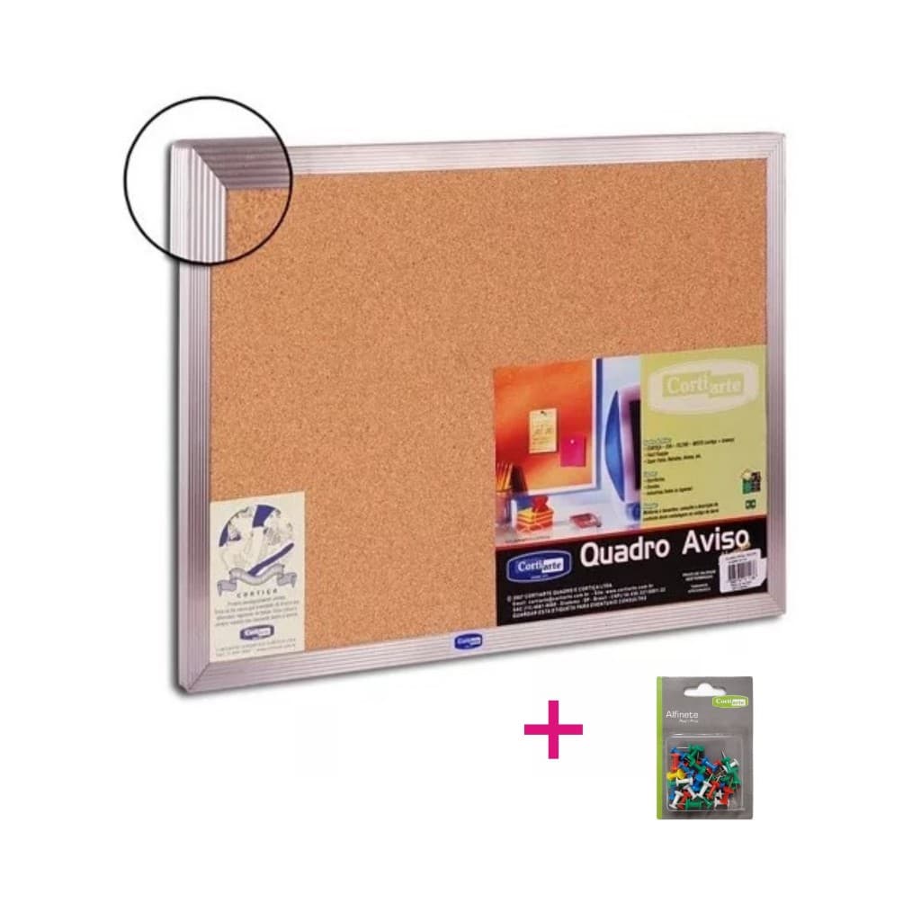 Quadro Mural Aviso de Cortiça 90x60cm Moldura Alumínio + 30 Alfinetes