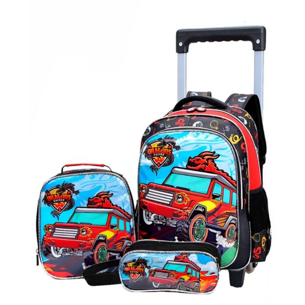 KIT 3 PEÇAS MOCHILA DE CARRINHO CARRO DRAGÃO INFANTIL MENINOS ESCOLAR ACOMPANHA LANCHEIRA TÉRMICA E ESTOJO