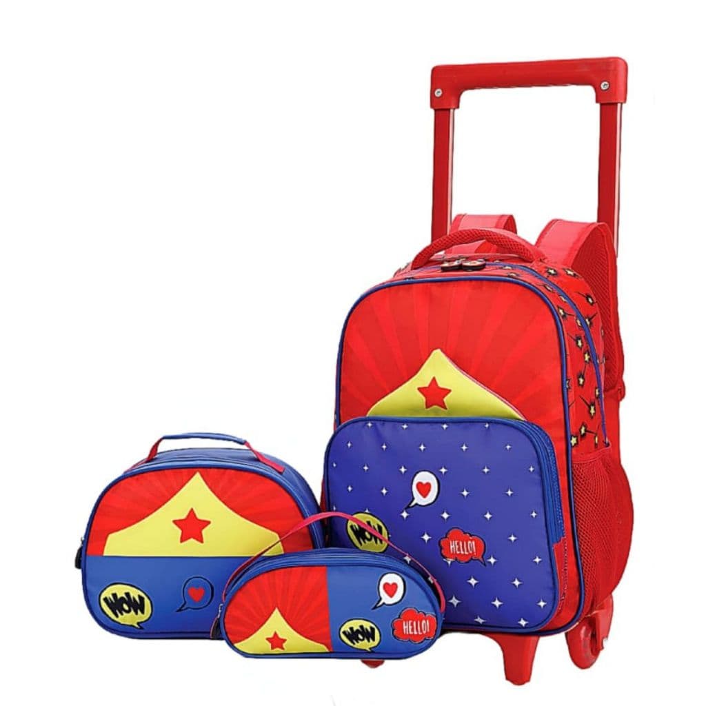 Kit 3 Mochila De Carrinho Mulher Maravilha Delicada Com Lancheira Térmica E Estojo Escolar Infantil Meninas