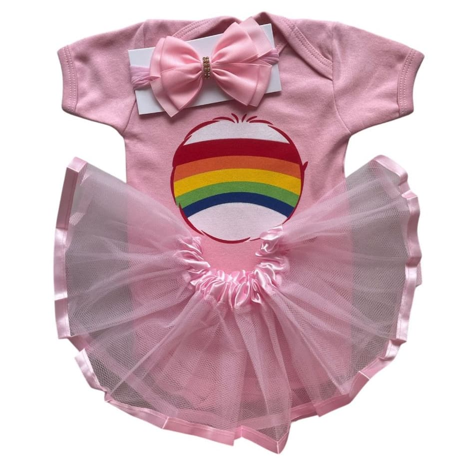 Kit Body Bebê Ursinhos Carinhosos - Arco Iris com Saia de Tule e Laço