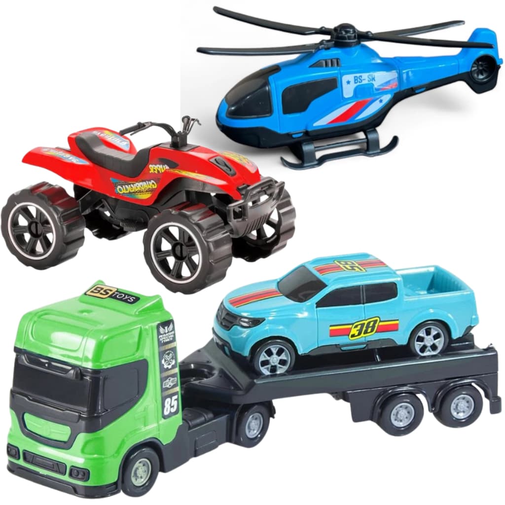Kit Brinquedos Helicoptero Skilo Mini Reboque 01 Picape e 01 Quadriciclo Meninos Infantil Criança