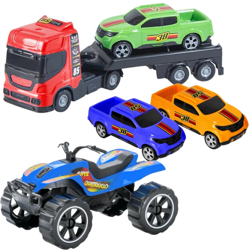 Kit de Brinquedos Para Crianças Menino 1 Quadriciclo 3 Picapes 1 Mini Reboque Resistentes Realistas