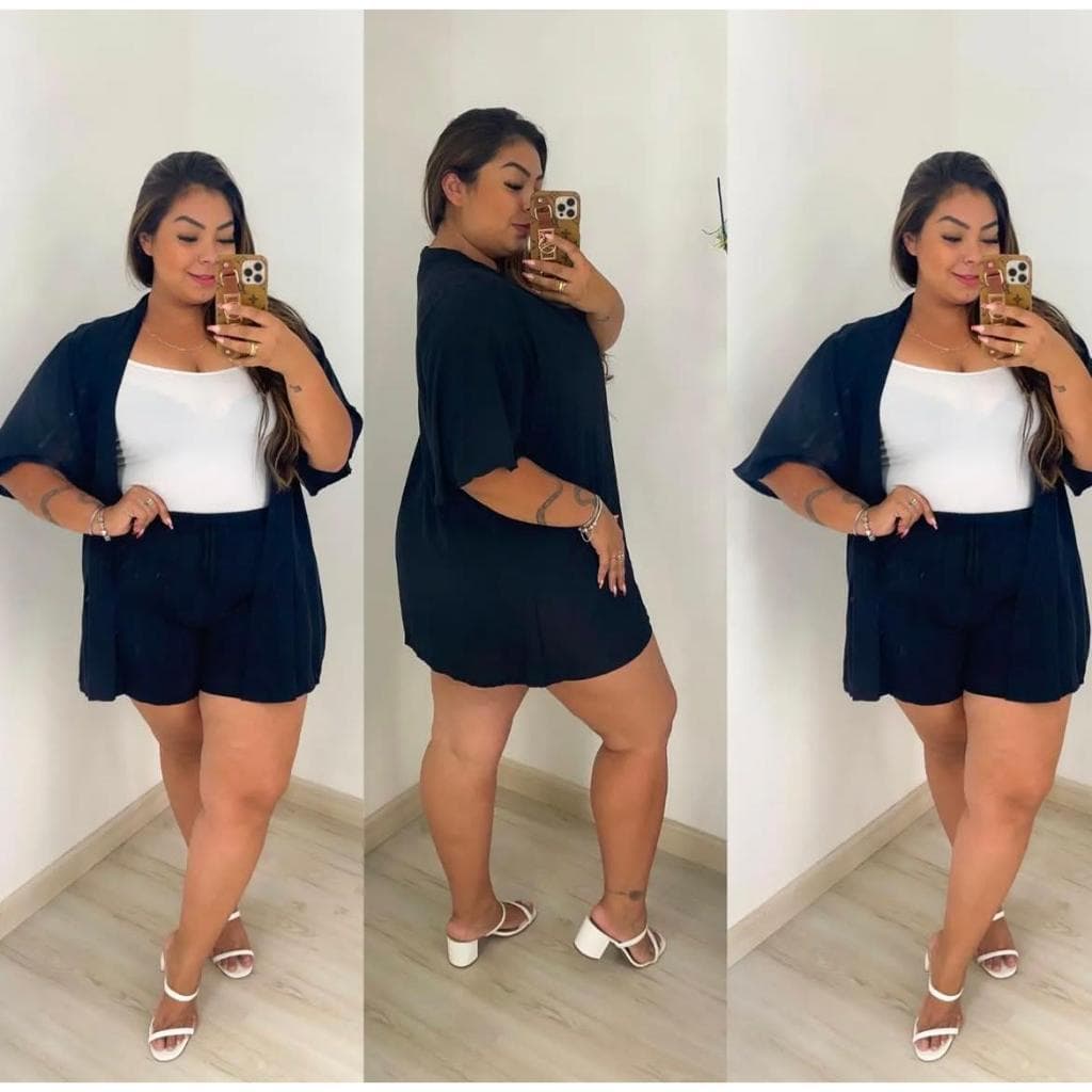 Conjunto Feminino Kimono e Bermuda Plus Size liso 2 peças