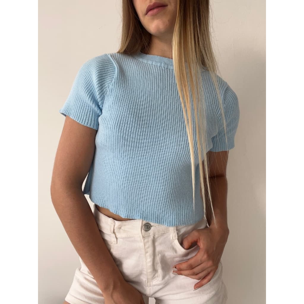 Blusa Cropped Tricot Canelado Com Manga Trico Modal Gola Redonda