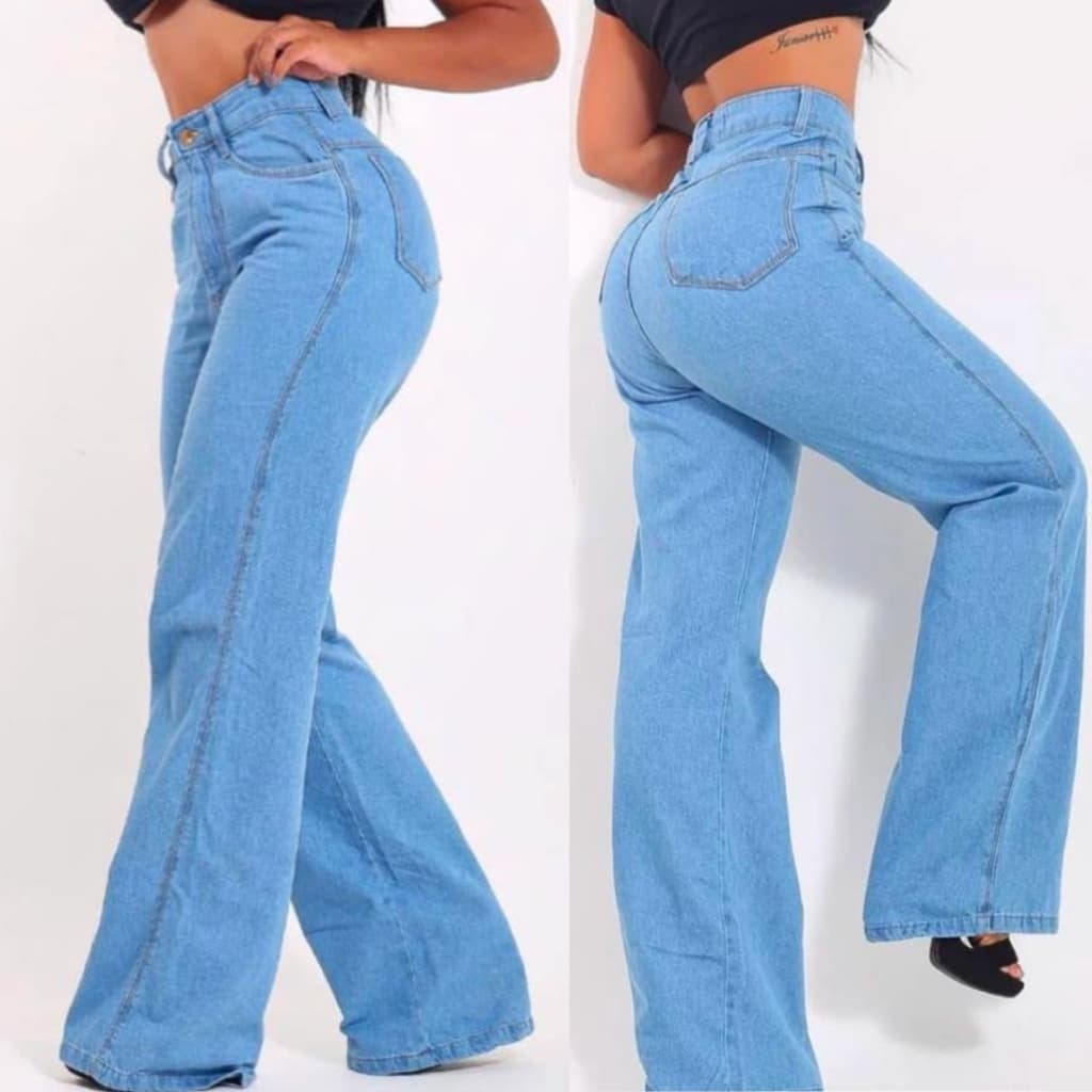 Calça Wide Leg Jeans Feminina Pantalona Cintura Alta 100% Algodao Cos Alto Casual