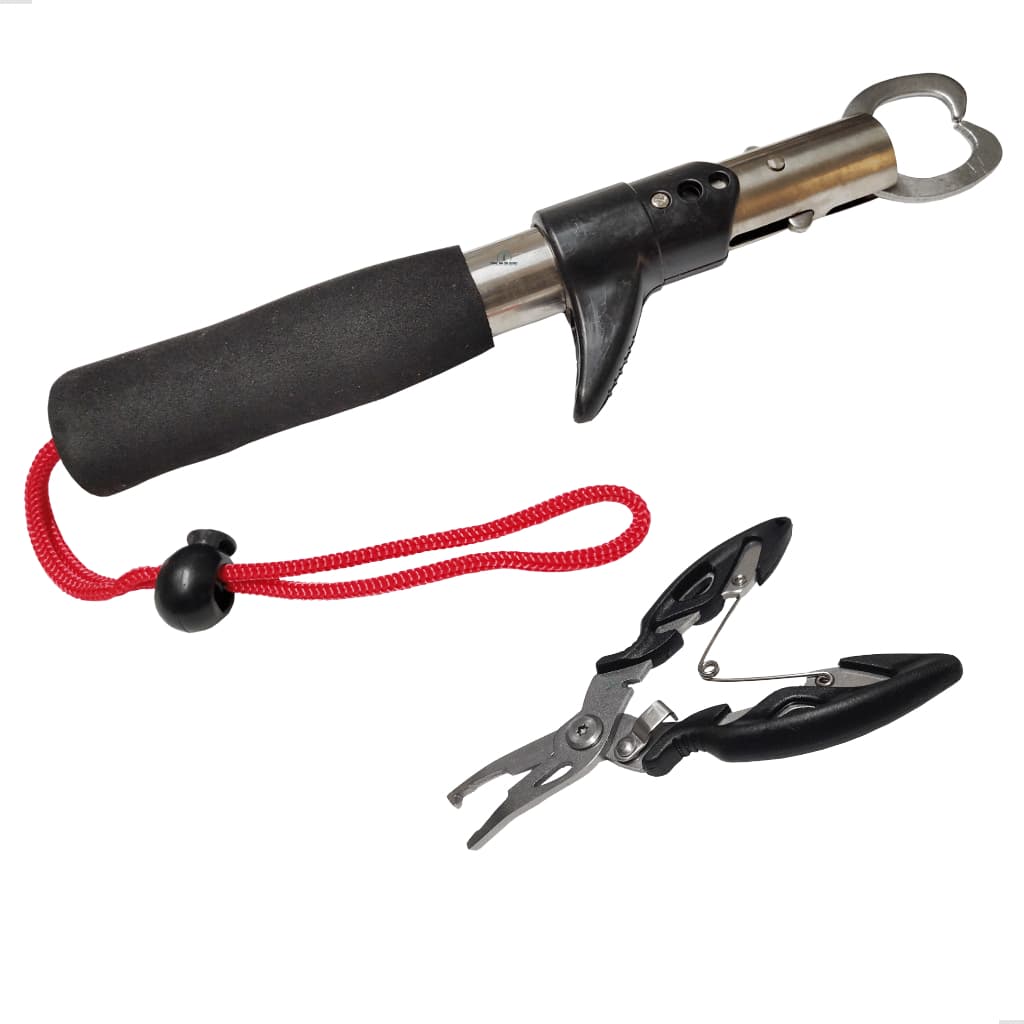 Kit Alicate De Contenção Pega Peixe + Alicate Multifuncional Split Ring Corta Linha Tira Garateia - Diversas Cores