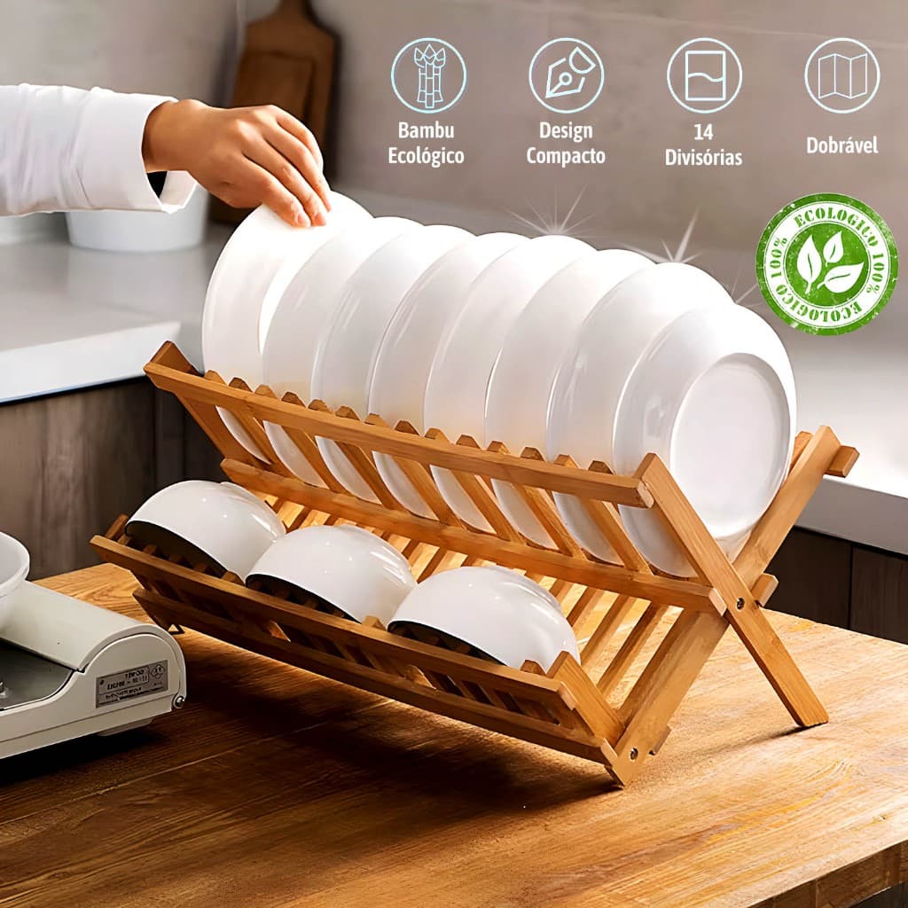 Escorredor De Pratos Louça Bambu Natural Dobrável 14 Divisórias Anti Fungos