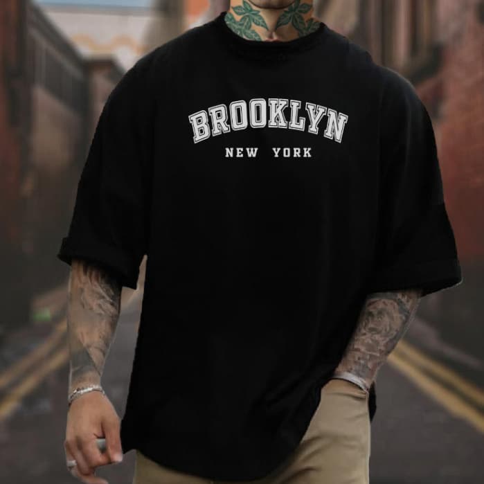 Camisa Oversized Brooklyn Camiseta Masculina Larga StreetWear Estilo de Rua Grande Marrom Bege