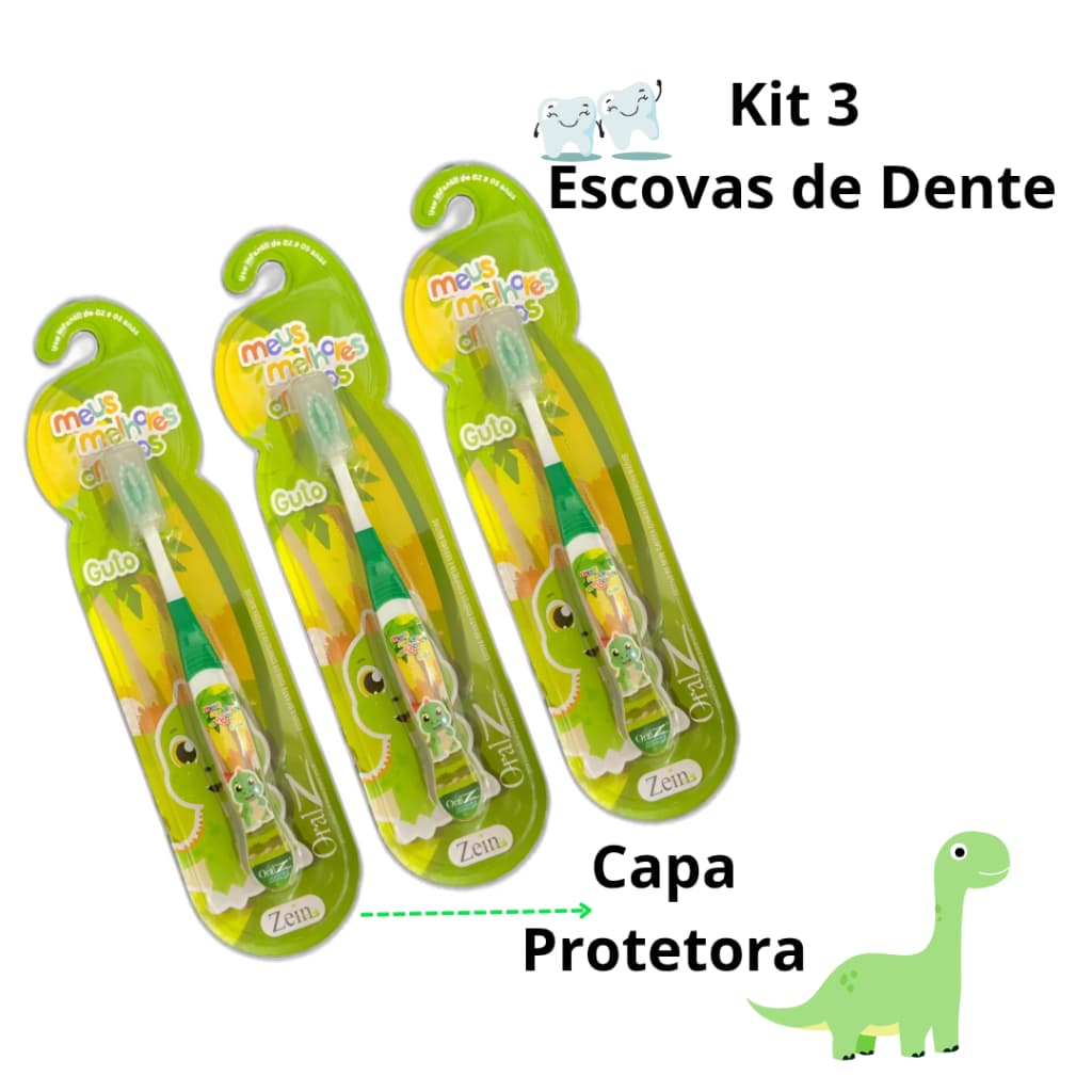 Kit 3 Escovas De Dentes Cerdas Macia  Infantil Criança Dinossauro