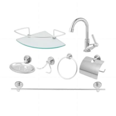 Kit Acessório Para Banheiro Aço Inox 7 Peças Com Porta Shampoo Canto e Torneira abs