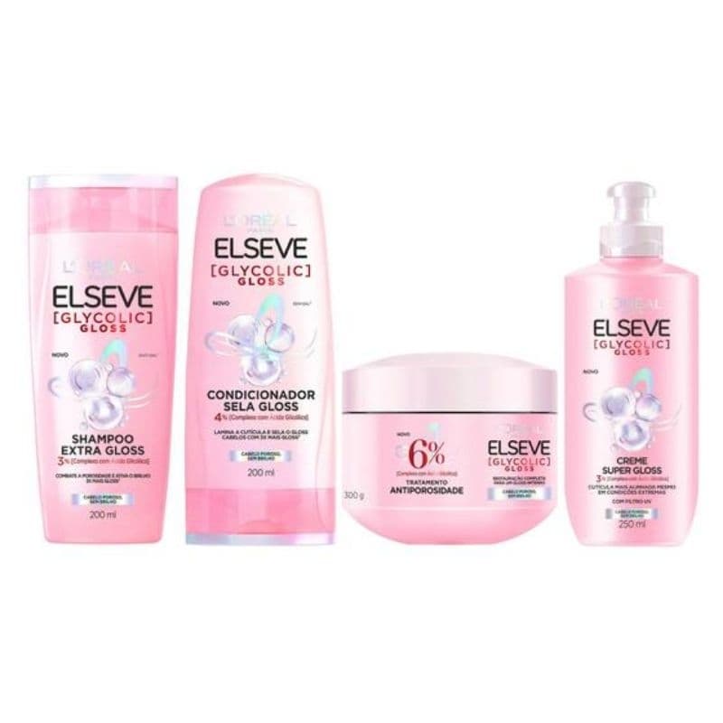 Kit Elseve Glycolic Gloss Shampoo 200ml+ Condicionador 200ml+ Máscara 300g + Creme de Pentear 250ml