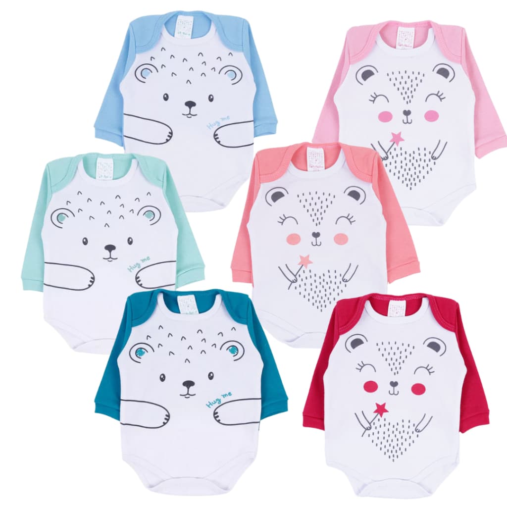 Kit Body para Bebê Menino e Menina com Manga Longa e Estampa