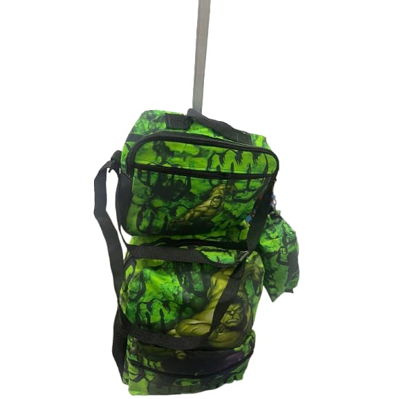 Kit mochila de rodinhas + estojo + lancheira hulk