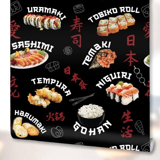 Papel de Parede Adesivo Decoração Cozinha Sushi Comida Japonesa Restaurante Temaki Uramaki