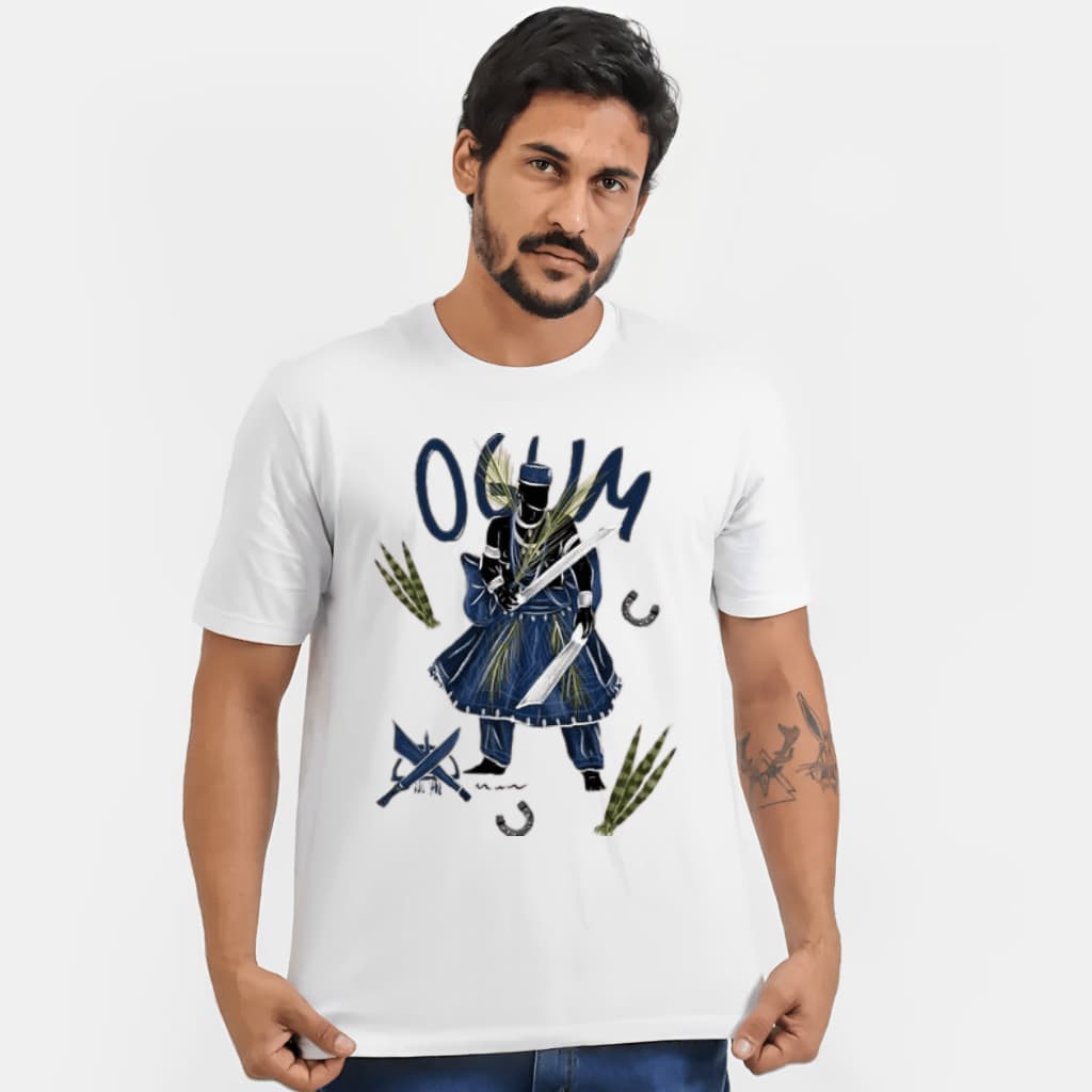 Camiseta Unissex Branca Básica Umbanda Orixá Ogum Candomblé
