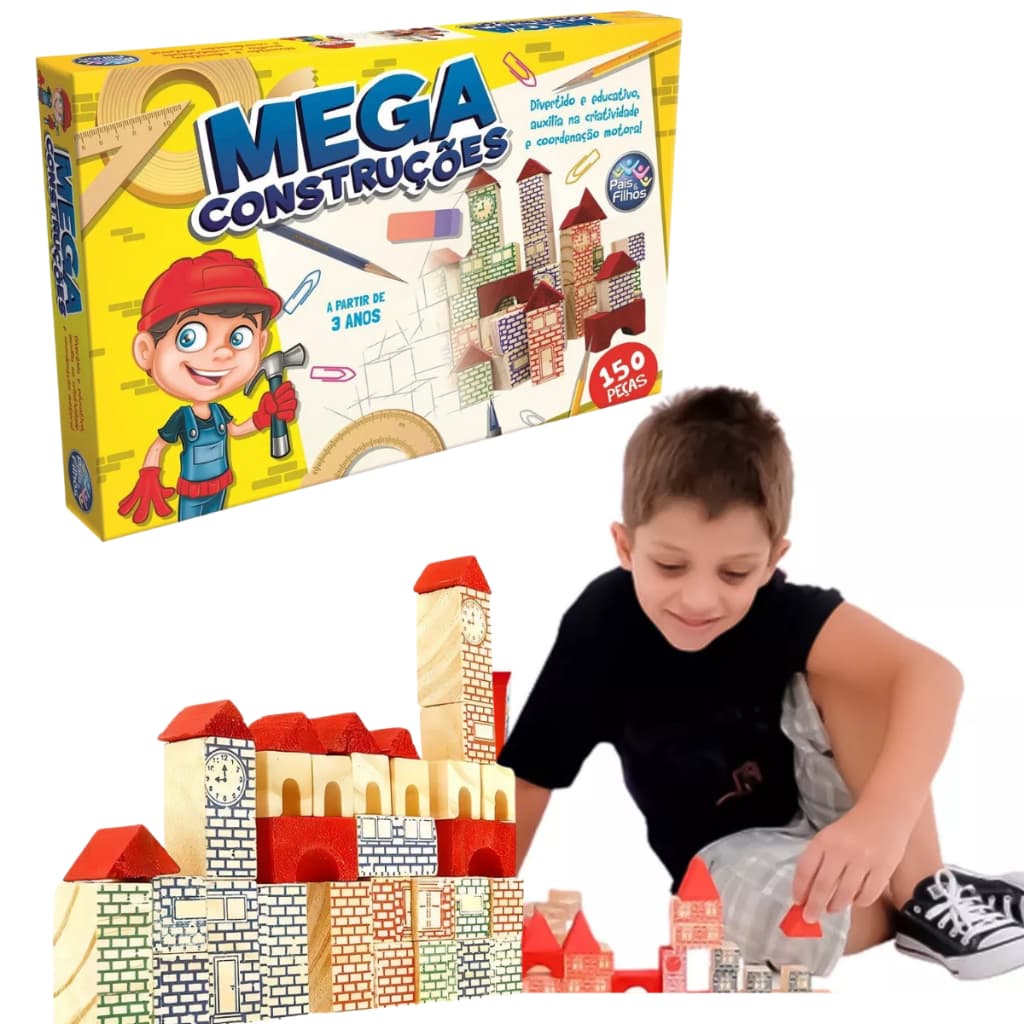 Jogo Blocos de Madeira Mega Construções Madeira Educativo Infantil Pais E Filhos