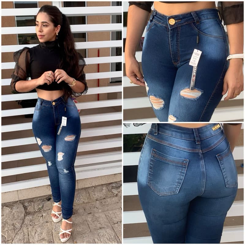 calça preta rasgadinha feminina super lycra calça jeans 34