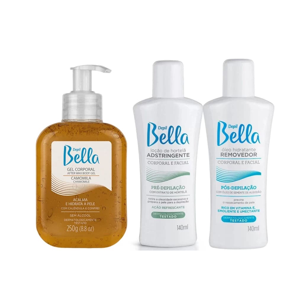 Kit Pré e Pós Depilação GEL + ÓLEO + LOÇÃO DEPIL BELLA Loção Pré - Óleo Pós - Gel Pós Calmante
