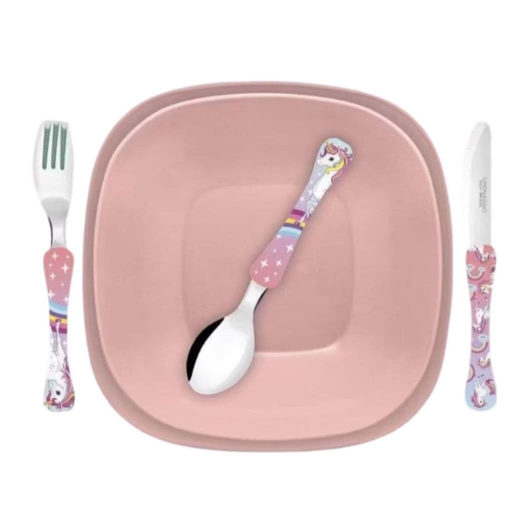 Kit Talher e prato infantil Unicornio Colher Garfo Faca inox chaves Disney